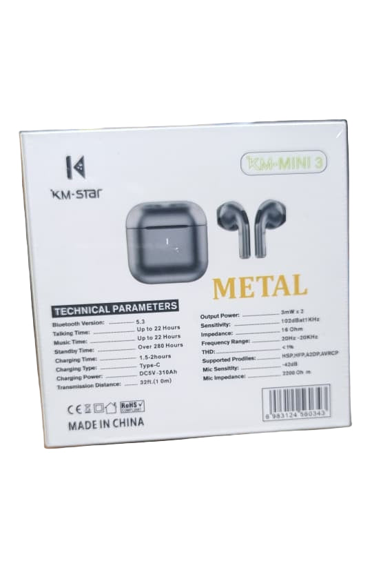 Box of KM Star earbuds with technical parameters on a blurred background