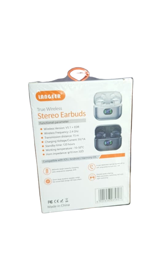 Box of True Wireless Stereo Earbuds held by a hand on a tiled floor.