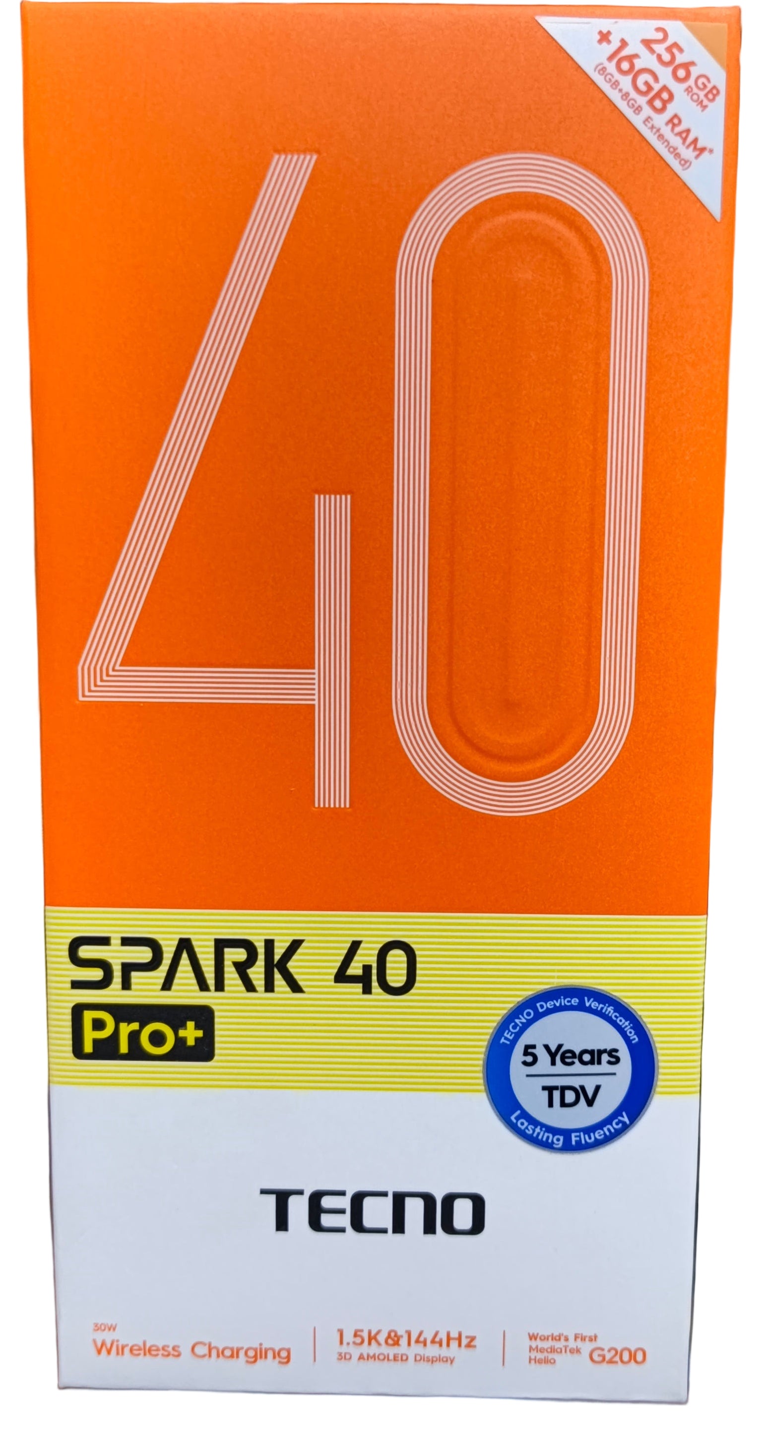 Orange and white box of Tecno Spark 40 Pro+ phone in a store setting